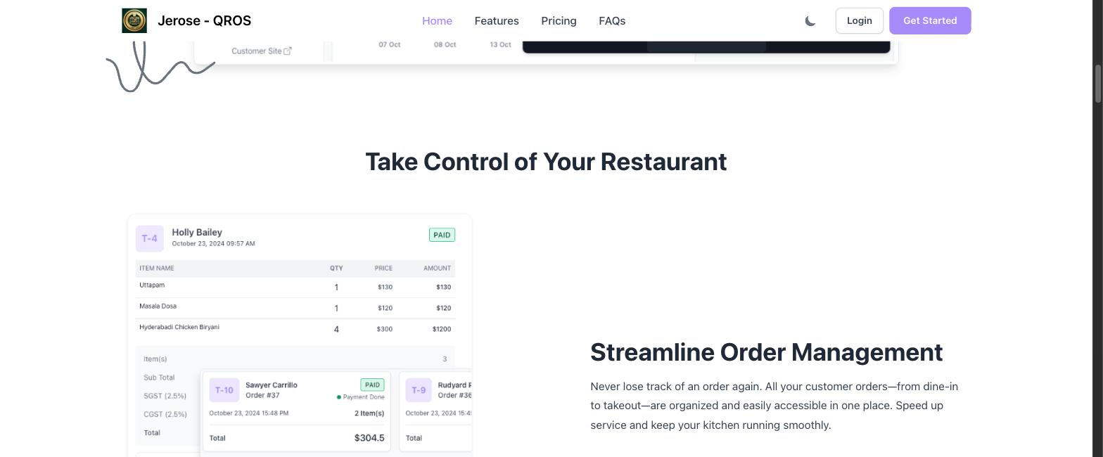 QROS restaurant order management screen